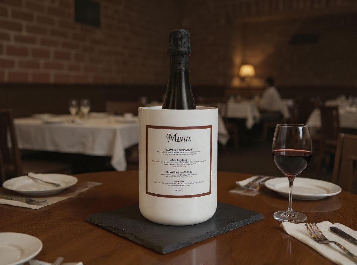 Weißer Beton Flaschenkühler auf einem Tisch mit Weinflasche