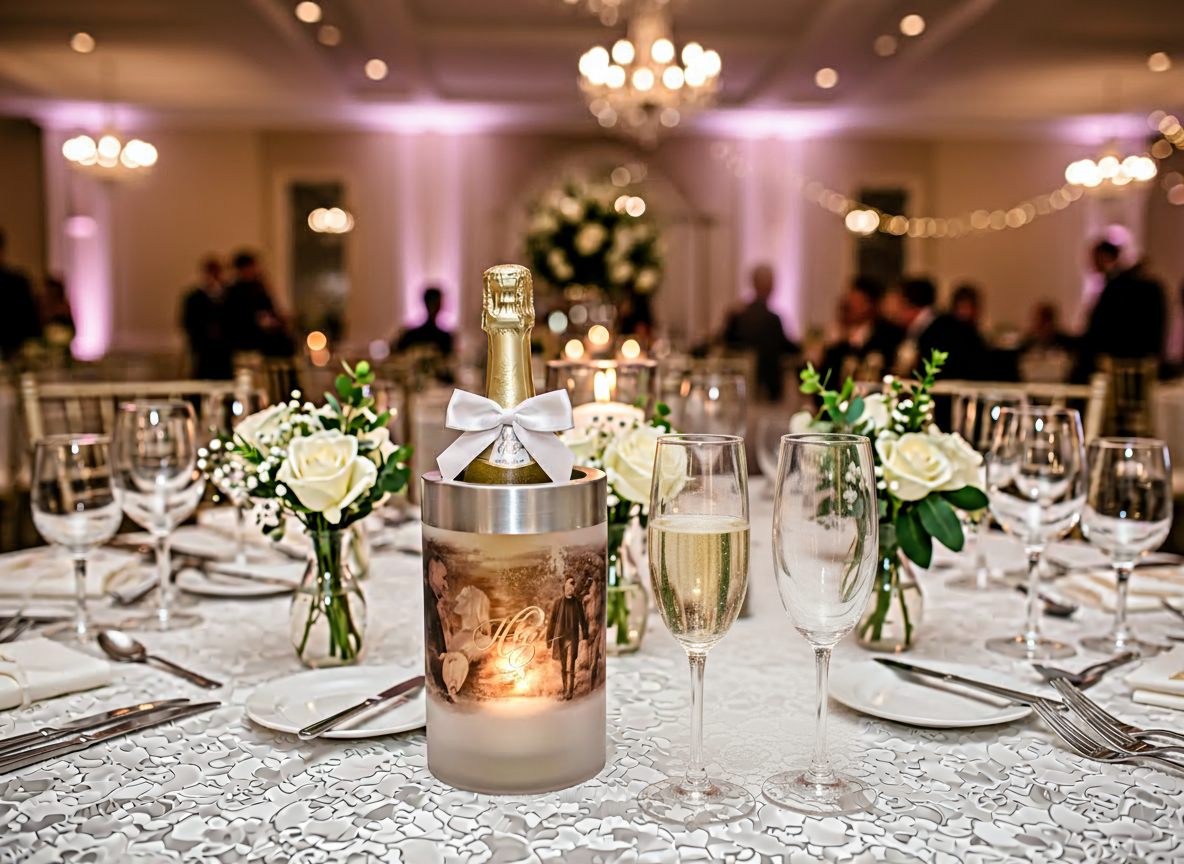 Kunstoff Flaschenkühler auf einer Hochzeit mit Beispieldruck